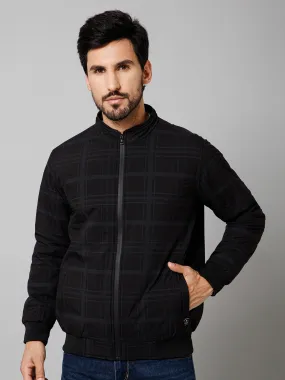 Checkered Full Sleeves Mock Collar Regular Fit Black Casual Jacket For Men