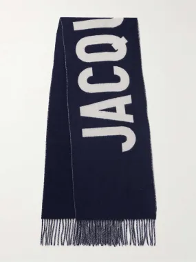 Jacquard scarf made of natural wool with fringes and JACQUEMUS logo, navi