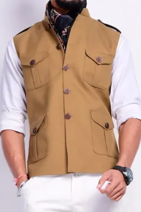 Khaki Brown Half Jodhpuri Jacket With For Pocket Premium Silky Smooth Shiny Textured Fabric Jackets