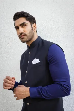 Men Navy Blue Classic Half Jacket Wedding Function Ethnic Jacket Collection At Sainly