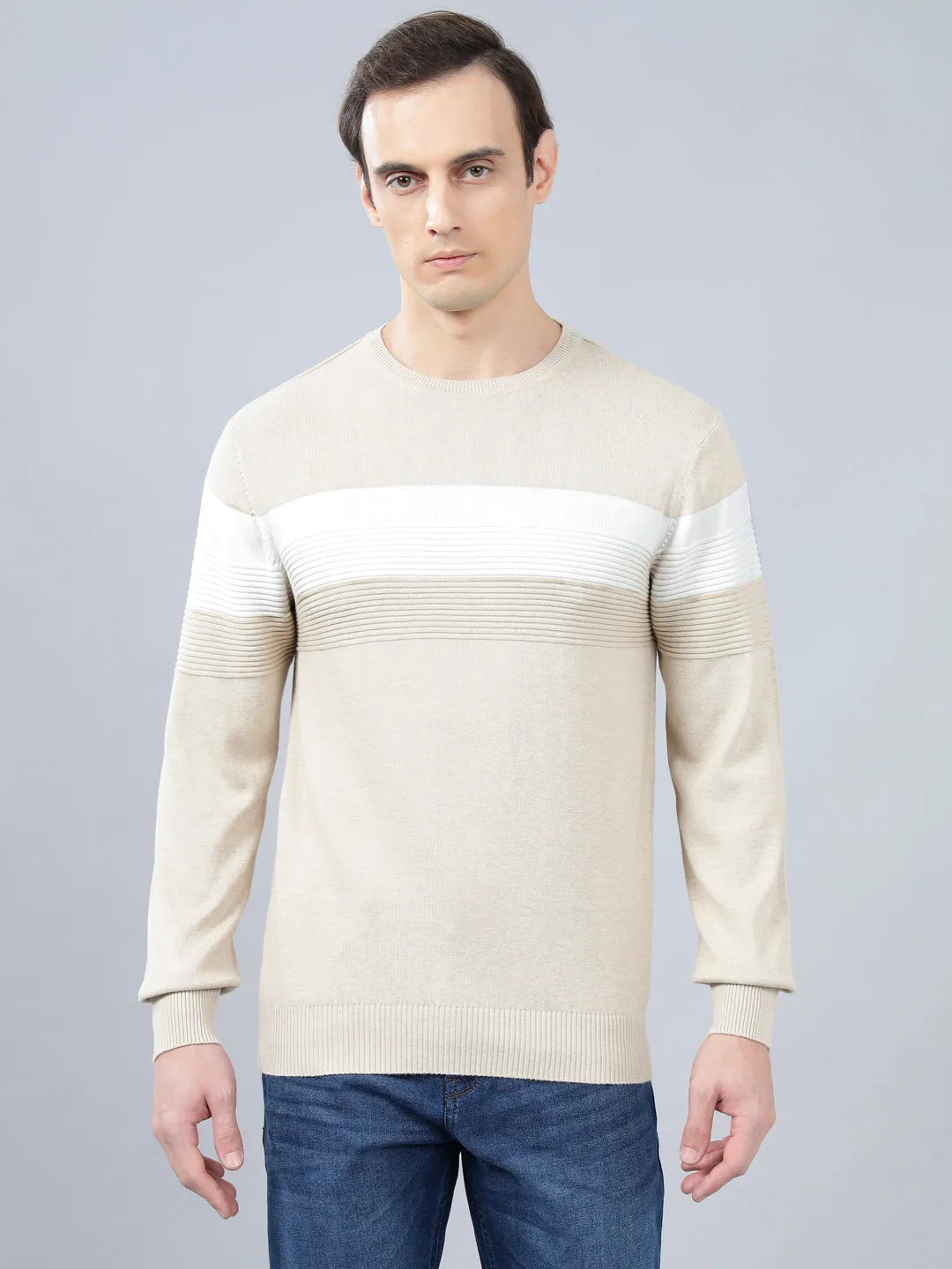 Men's Beige Striped Full Sleeve Sweater