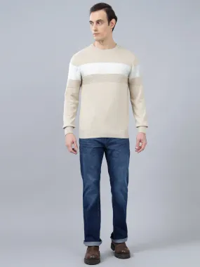 Men's Beige Striped Full Sleeve Sweater