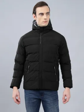 Men's Black Solid Hooded Winter Jacket