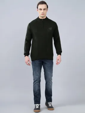 Men's Self Design Olive Green Full Sleeve Sweater